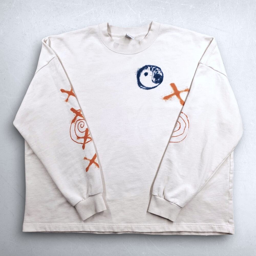 Zara Yin Yang XO Graffiti Sweatshirt Men XL‎ Cream Oversized Boxy Streetwear Y2K